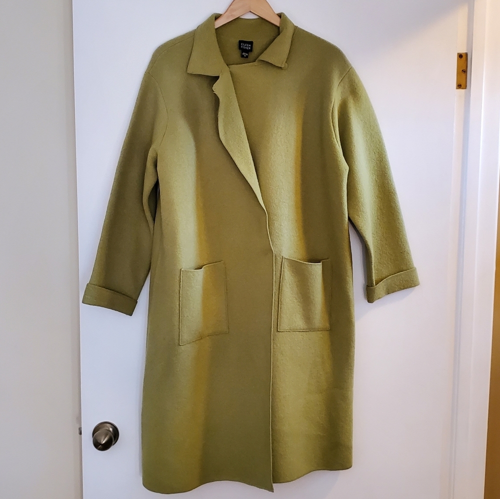 Eileen Fisher Green Boiled Wool Trench Coat Size M